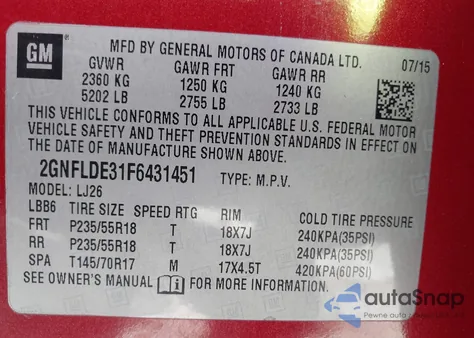 2015 Chevrolet Equinox Ltz из США, поврежденный, VIN 2GNFLDE31F6431451